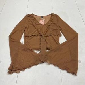 Shein Brown V-Neck Cropped Long Sleeve T-Shirt Women's Size Medium NEW - Picture 1 of 6