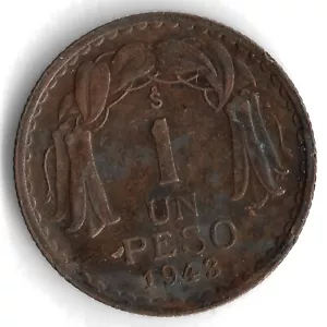 1943 Chile 1 Un Peso World Coin - Mintage 16,900,000 - KM# 179 - Picture 1 of 2