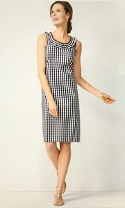 NWT Talbots Women Pleat Neck Gingham Sheath Dress Blue/White Cotton Spandex, 4P - Picture 1 of 6
