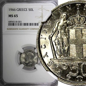 Greece Constantine II Copper-Nickel 1966 50 Lepta NGC MS65 GEM BU KM# 88 (001) - Picture 1 of 5