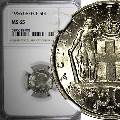 Greece Constantine II Copper-Nickel 1966 50 Lepta NGC MS65 GEM BU KM# 88 (001) - Image 1 of 4