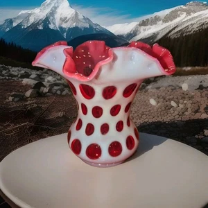 Vintage Fenton Cranberry Opalescent Coin Dot Ruffled Vase - Picture 1 of 24