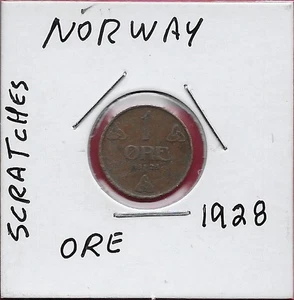 NORWAY 1 ORE 1928 SCRATHES,RULLER HAAKON VII,MONOGRAM IN CIRCLE LEGEND AROUND,Sc - Picture 1 of 2