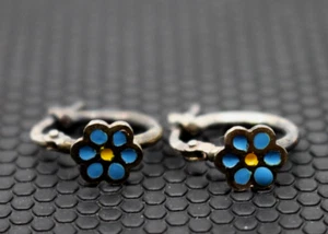 Sterling Silver Small Hoop Earrings Girls with Blue Enamel Flower - Picture 1 of 4