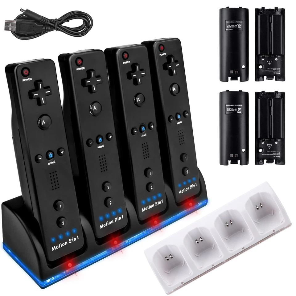 4 Port Ladestation Charging Ladegeräte für Nintendo Wii Remote Controller+4 Akku - Bild 1 von 4