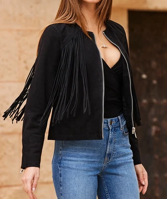 Black Suede Fringe Leather Jacket for Women Biker Size S M L XL XXL Custom Made - Image 1 of 4