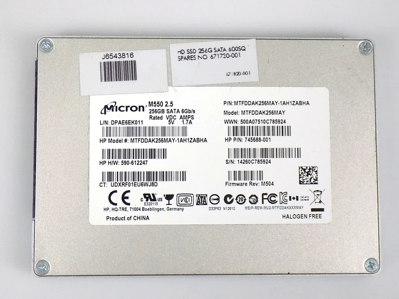 256GB HP 671730-001 Micron M550 SATA 6.0GBit/s SSD 2.5-Zoll Festplatte - Bild 1 von 1