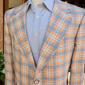 Bespoke Vintage Plaid Blazer 46r Linen Cotton Poly Wide Lapel 1960s Never Worn - Picture 1 of 23