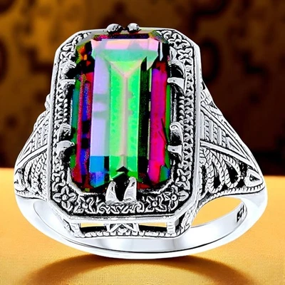 ANEL DE FILIGRANA ESTILO ANTIGO PRATA ESTERLINA 925 5 quilates arco-íris quartzo místico #041 - Imagem 1 de 3