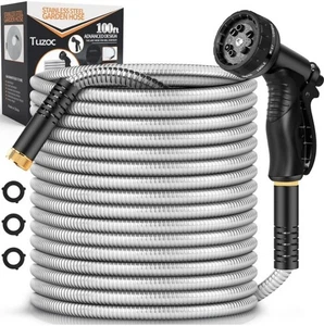 100FT,Stainless Steel Heavy Duty Water Hose With 10 Function Nozzle,No-Kink...C3 - Picture 1 of 12