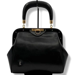 Roberta di Camerino Black Leather Top Handle Frame Bag Gold Clasp Vintage Italy - Picture 1 of 16