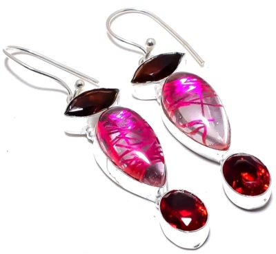 Pink Rutilated Quartz Gemstone 925 Sterling Silver Handmade Jewelry Earrings - Image 1 of 4