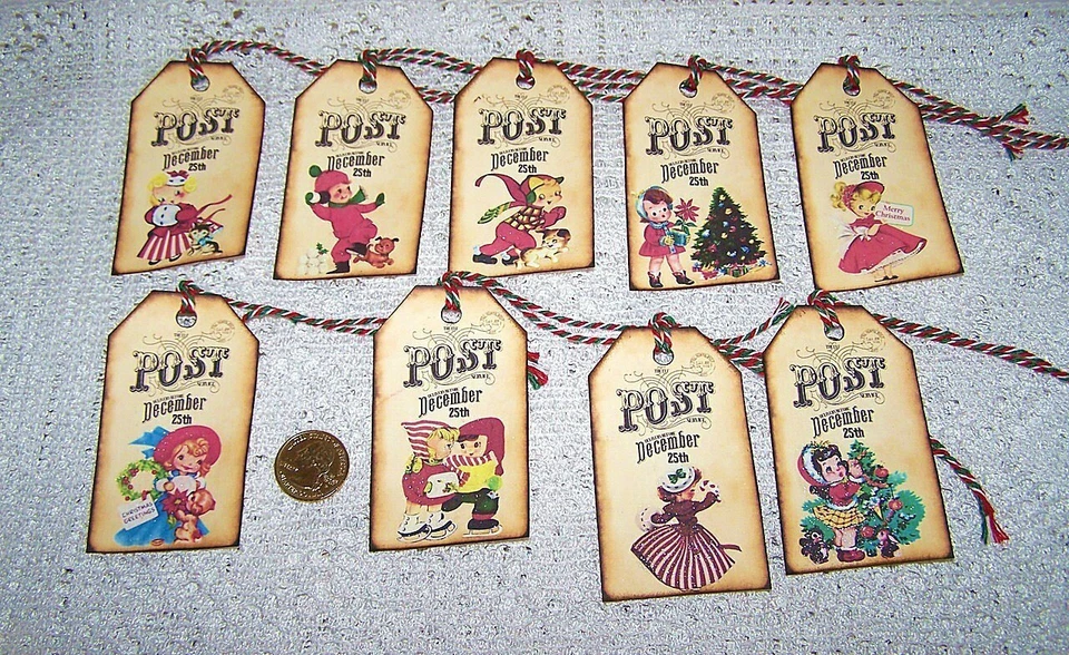 9~Navidad~Retro~Vintage~Niños~Tarjeta postal~Cartera de lino~Regalo~Colgar~Etiquetas~Ornamentos Foto 1 de 1
