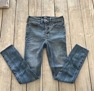 Hollister Blue Distressed High Rise Crop Super Skinny Stretch Denim Jeans Sz 0R - Picture 1 of 10