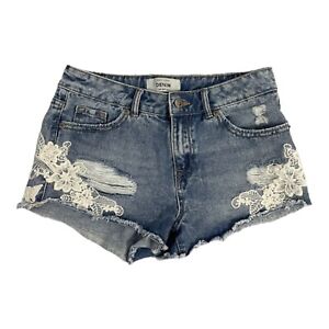 New Look Blue Denim Floral Lace Detail Hotpants Womens Size 8 (IL14)