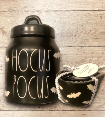 Rae Dunn Halloween Black Measuring Cups White Bats & HOCUS POCUS Canister NWT - Image 1 of 4