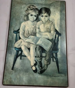 Vintage Medeiros Boy & Girl Reading Book Wall Litho Art Retro Home Decor Picture - Picture 1 of 5