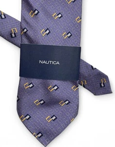 Nautica Silk Necktie Blue Geometric Handcrafted Tie 59" x 4" NEW Tags - Picture 1 of 5
