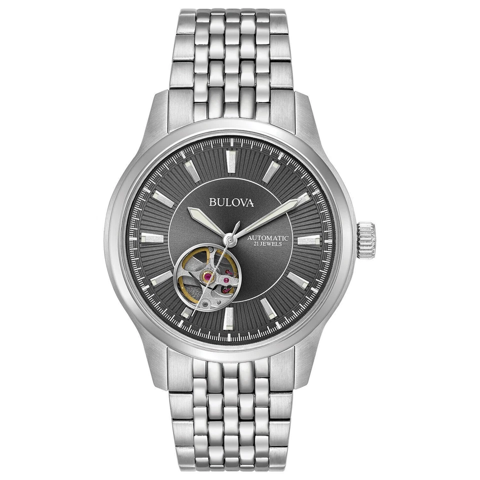 Bulova 96a190 Men's Automatic Skeleton Window Grey Dial 40mm Watch