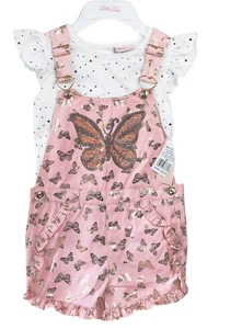 Little Lass Girls 2-Pc Set Denim Ruffled Overall Romper Shorts Shirt Size 6X - Picture 1 of 3