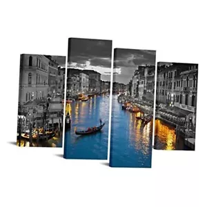 4 Piece Venice Italy Canvas Wall Art Black and White Grand Canal Night - Picture 1 of 7