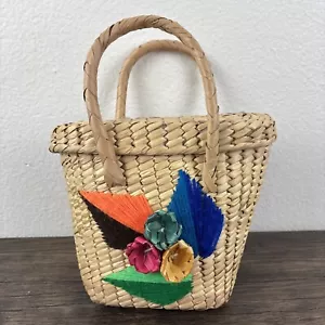 Borsa piccola borsetta vintage anni 60 rafia tessuto paglia fiori 3D made in Mexico - Foto 1 di 24