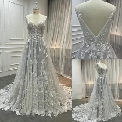 Silver V Neck Wedding Dresses with Train Sleeveless Lace Appliques Button Back - Image 1 of 4