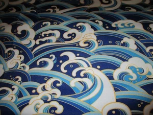 3 yards Ambesonne Nautical Fabric Oriental Style Ocean Waves Upholstery 60" wide - Picture 1 of 3