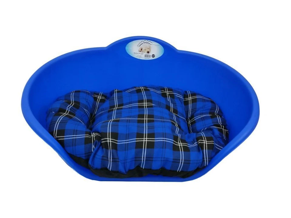 heavy duty royal blue pet bed with blue tartan cushion uk made dog cat basket - Image 1 of 1