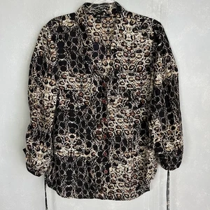 Etcetera size 16 button up blouse 3/4 sleeve 100% silk black brown animal print - Picture 1 of 11