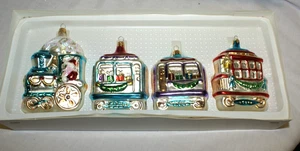 Vintage Kurt Adler Weihnachtszug Ornamente 4-teiliges Set Weihnachtsmann Glas Lok Autos Begleitwagen - Bild 1 von 4