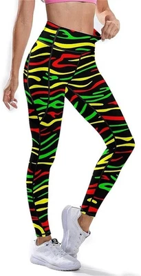Leggings para mujer con estampado de cebra de neón - rojo verde amarillo a rayas cintura alta yoga Foto 1 de 4