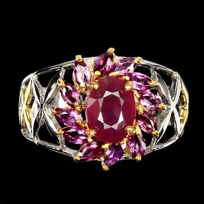 Anillo ovalado de plata de ley 925 con rubí de 8x6 mm y rodolita natural... Foto 1 de 4