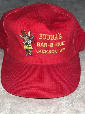 VINTAGE Bubba's BBQ Hat Strap Back Red Restaurant Cody Wyoming Bar-B-Que - Image 1 of 4