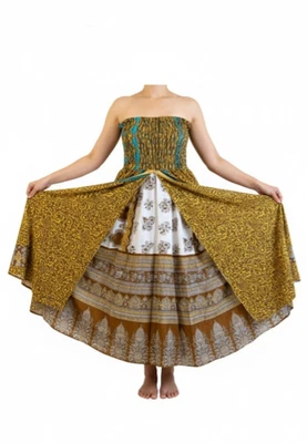 FALDA DE SEDA SARI 2 en 1 Vestido sin Tirantes Capas Boho Verano Estampado Paisley Foto 1 de 4