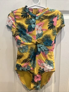 Art Class Girl's XS 4/5 One Piece Swim Suit Short Sleeve Modest Yellow Floral - Picture 1 of 4