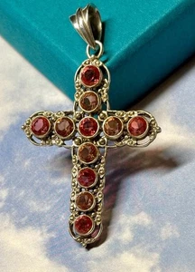 Nicky Butler Sterling Silver Watermelon & Sunset Quartz CROSS Necklace Pendant - Picture 1 of 2