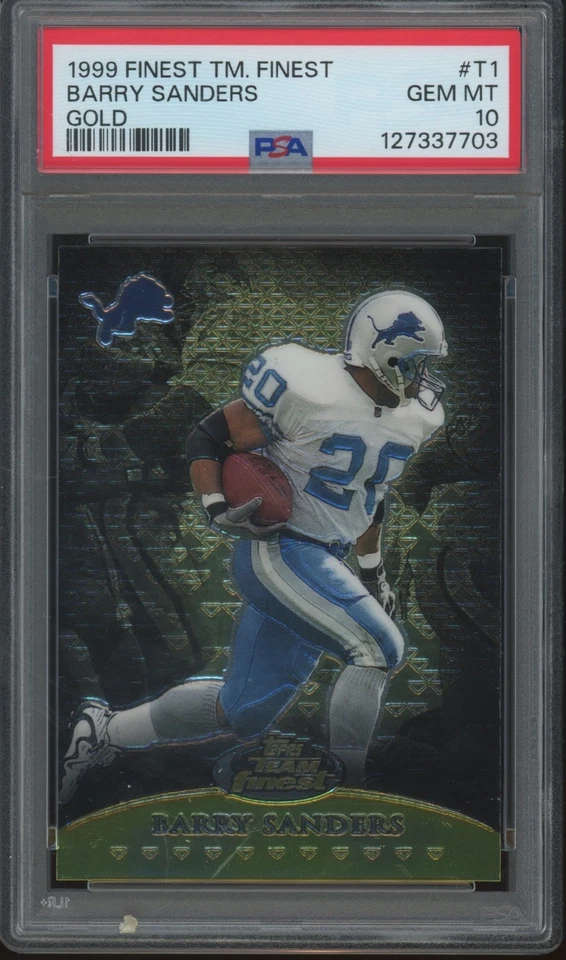 1999 Topps Finest Team Finest Gold #T1 Barry Sanders /250 Pop 5 Gem Mint PSA 10 - Image 1 of 2