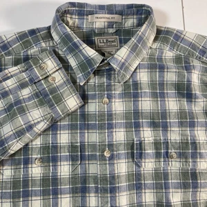 NEW LL Bean Comfort Stretch Chambray Shirt Large Blue Green Check Button - Picture 1 of 7