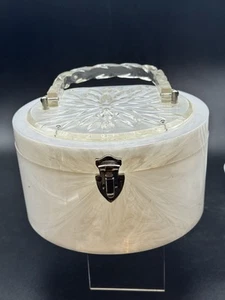 Vintage 1950s Marbled Lucite Purse White Clear Carved Handle Mod Glam - Picture 1 of 14