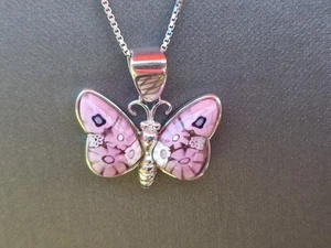 MILLEFIORI MURANO STERLING SILVER PINK BUTTERFLY PENDANT ALAN K ITALY 18" CHAIN - Picture 1 of 18