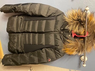 Post Card Fox Fur-Trim Hooded Puffer Coat- beautiful black coat size medium/8  - Image 1 of 3