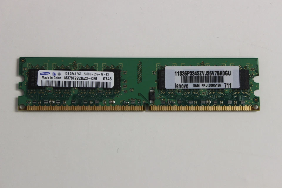 LENOVO 30R5126 36P3345 1GB 2RX8 PC2-5300U 240 PIN DIMM SAMSUNG M378T2953EZ3-CE6 - Image 1 of 2