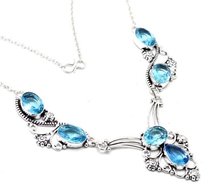 925 Sterling Silver Swiss Blue Topaz Gemstone Handmade Jewelry Necklace S-17-18 - Image 1 of 4