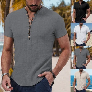 Men‘s Cotton Linen Shirts Summer Short-Sleeve Casual Loose Buttons T Shirt Tops - Picture 1 of 14