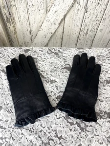Markenlos große schwarze Leder gefütterte Damen Fahrhandschuhe Rüschen - Bild 1 von 5