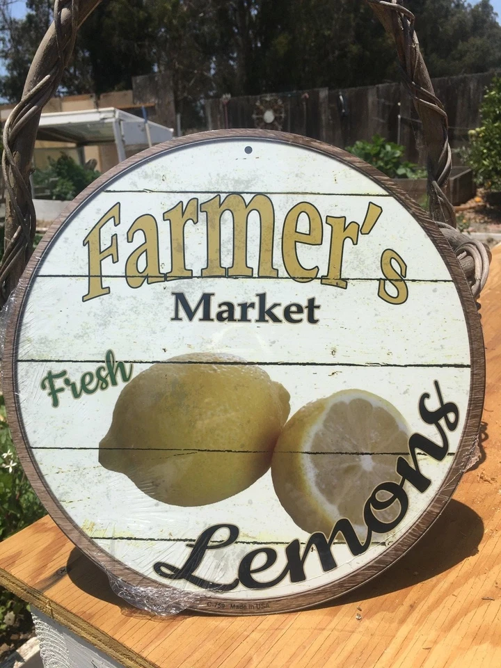 Farmers Market Fresh Lemons Round Sign Tin Vintage Garage Bar Decor Old Rustic - Image 1 of 1