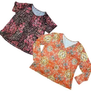 2 Plus Floral Print V-Neck Tops Bundle Orange Pink Pattern Short Long Sleeve 2XL - Picture 1 of 8