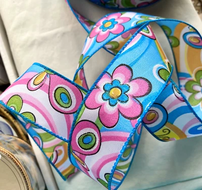 Butterfly Floral 1.5" x 3 yd Wired Ribbon Yellow Pink Green Blue Glitter Hippie - Image 1 of 4