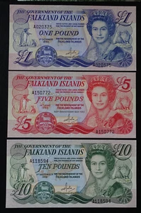 1983-8 Falkland Islands | £1 £5 £10 | Elizabeth II | UNC | P-13a P-12a P-14a - Picture 1 of 2